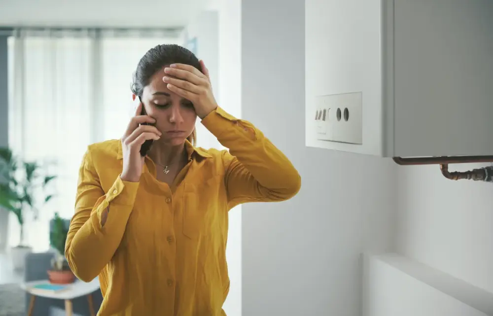 Worried homeowner on the phone with her hand on her forehead, standing next to a wall-mounted water heater in her home.
